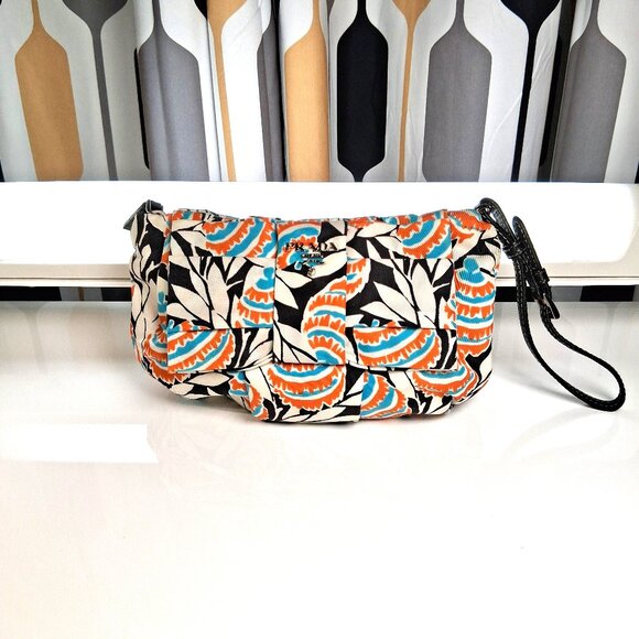 Vintage Prada Mini Wristlet Handbag Clutch White, Orange, Blue, Tropical Floral - Picture 3 of 14